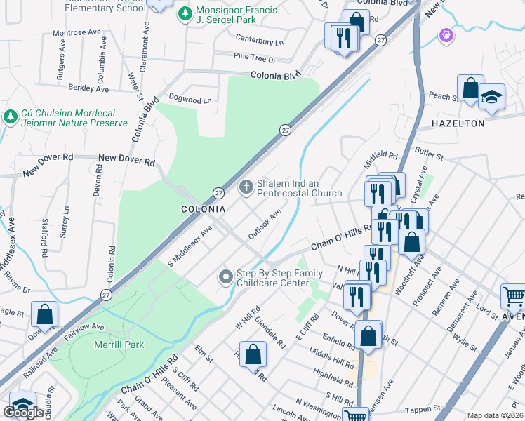 map of restaurants, bars, coffee shops, grocery stores, and more near 855 South Middlesex Avenue in Woodbridge Township