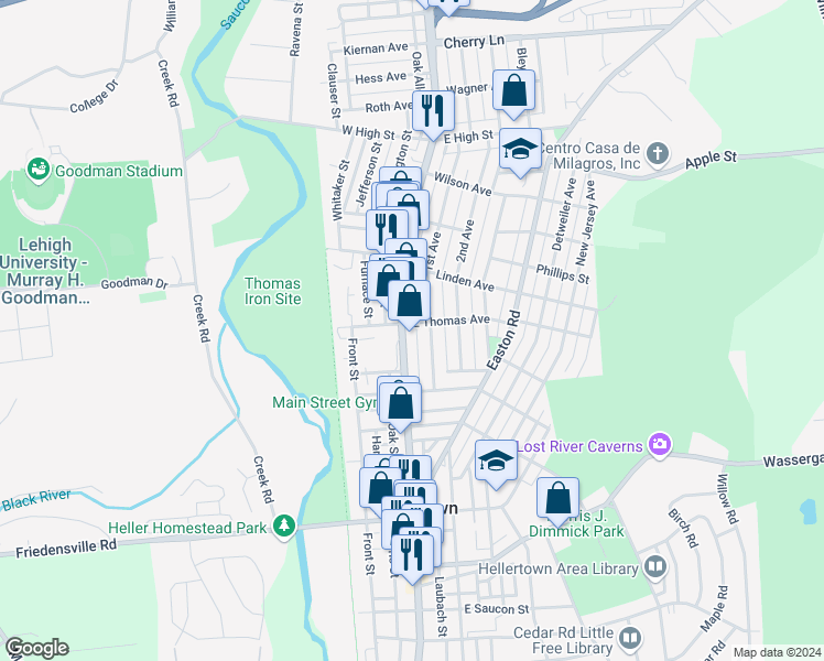 map of restaurants, bars, coffee shops, grocery stores, and more near 1120 1st Avenue in Hellertown
