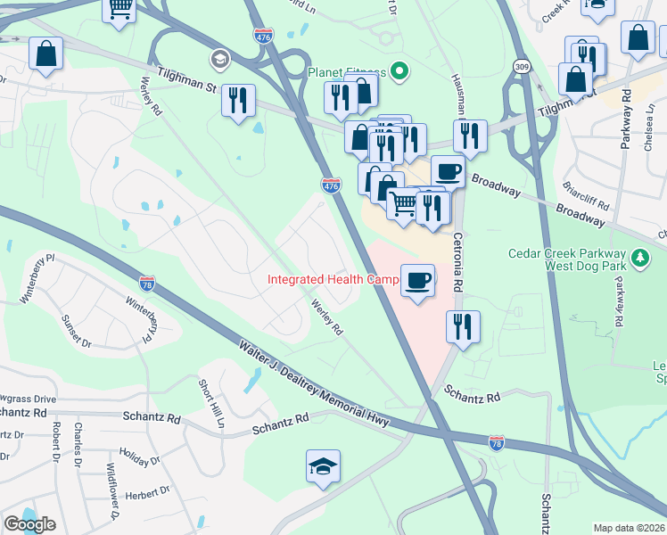 map of restaurants, bars, coffee shops, grocery stores, and more near 291 Milkweed Drive in Allentown
