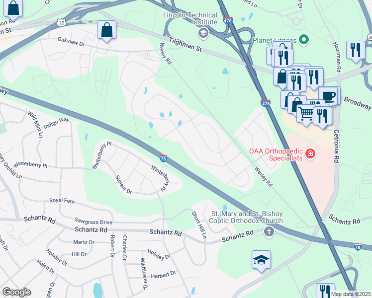 map of restaurants, bars, coffee shops, grocery stores, and more near 359 Redclover Lane in Allentown