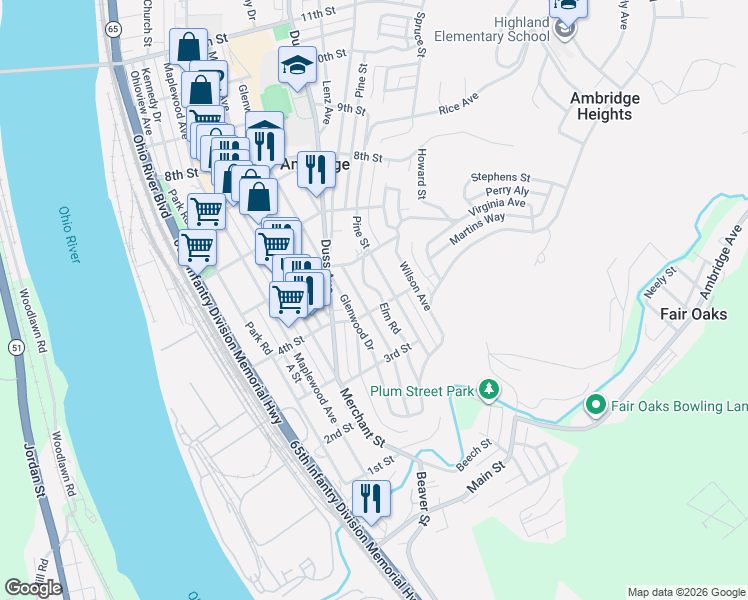 map of restaurants, bars, coffee shops, grocery stores, and more near 435 Elm Road in Ambridge