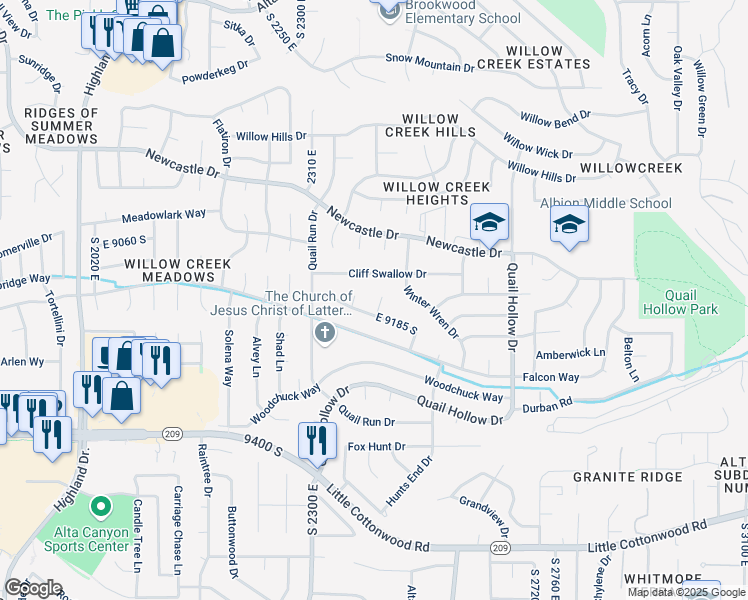 map of restaurants, bars, coffee shops, grocery stores, and more near 9156 Chickadee Circle in Sandy