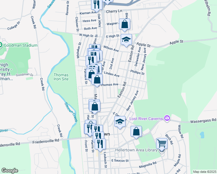 map of restaurants, bars, coffee shops, grocery stores, and more near 1082 2nd Avenue in Hellertown