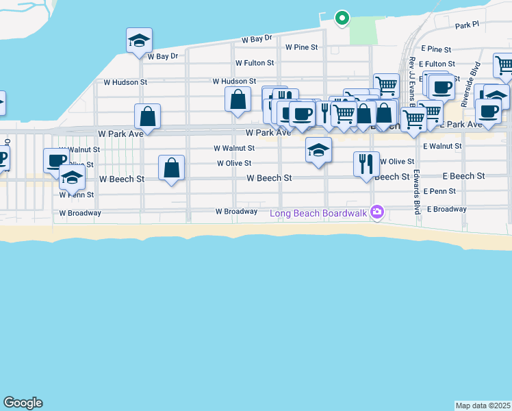 map of restaurants, bars, coffee shops, grocery stores, and more near 339 West Penn Street in Long Beach
