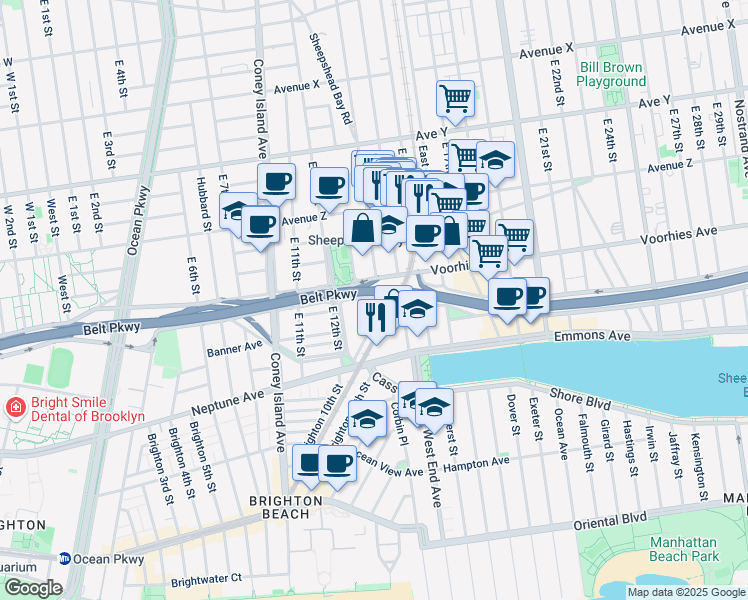 map of restaurants, bars, coffee shops, grocery stores, and more near 3225 Shore Parkway in Brooklyn