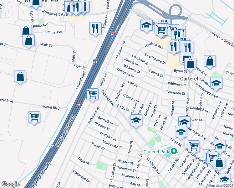 map of restaurants, bars, coffee shops, grocery stores, and more near 230 East Cherry Street in Carteret