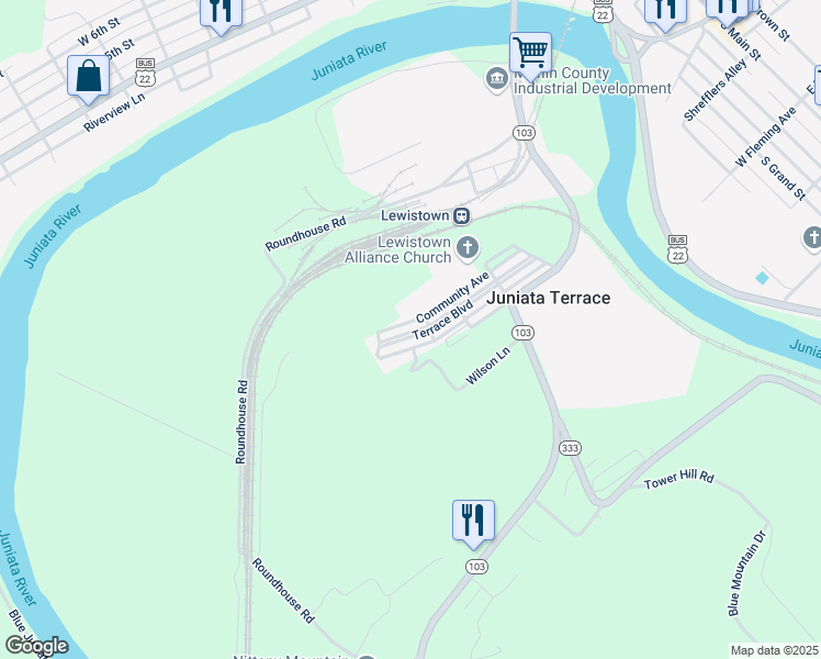 map of restaurants, bars, coffee shops, grocery stores, and more near 318 Terrace Boulevard in Lewistown