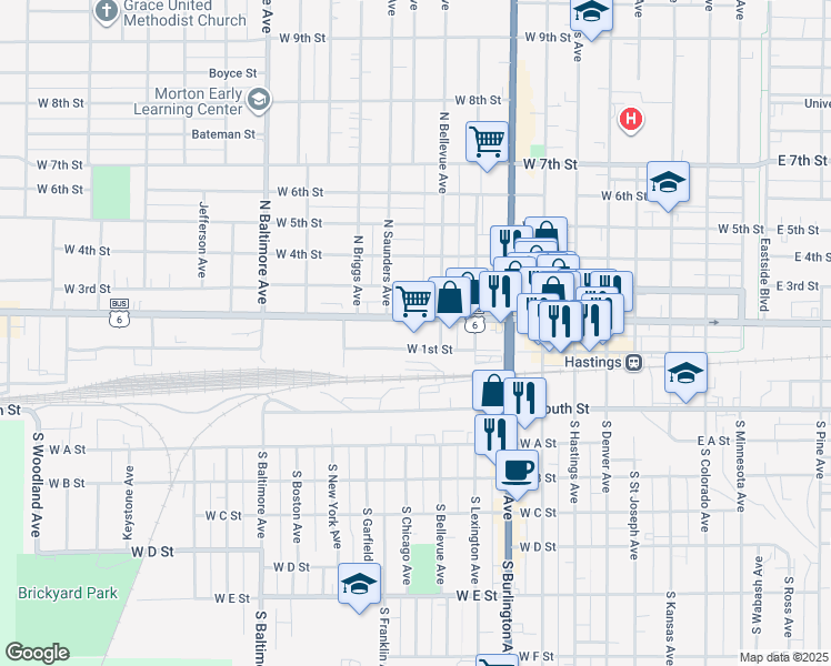 map of restaurants, bars, coffee shops, grocery stores, and more near 1198 West 2nd Street in Hastings