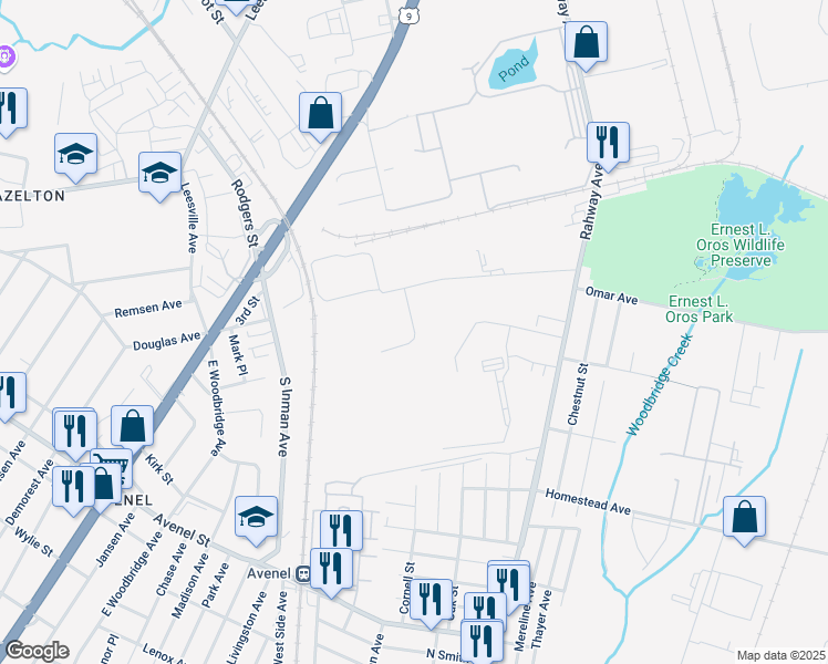map of restaurants, bars, coffee shops, grocery stores, and more near 2 Paddock Street in Woodbridge Township
