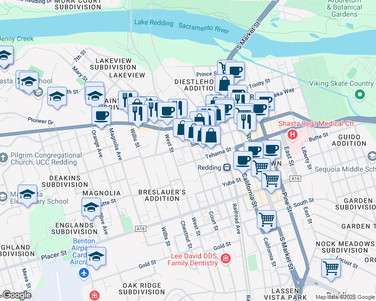 map of restaurants, bars, coffee shops, grocery stores, and more near 1801 Eureka Way in Redding