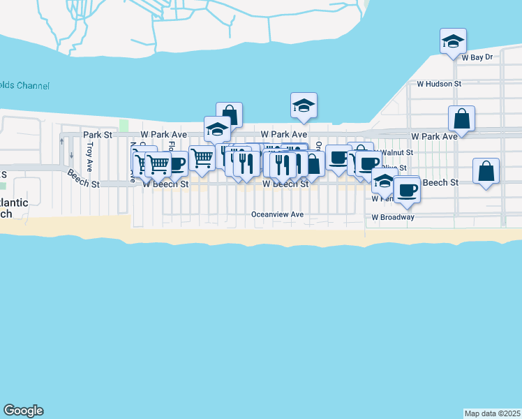 map of restaurants, bars, coffee shops, grocery stores, and more near 44 Tennessee Avenue in Long Beach
