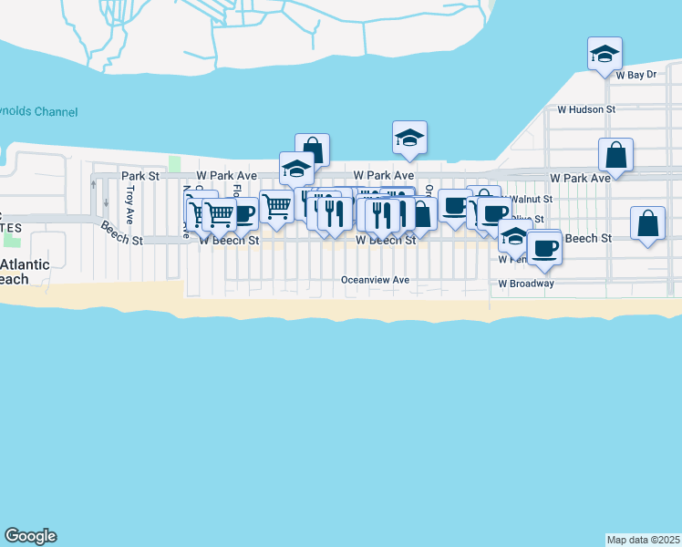 map of restaurants, bars, coffee shops, grocery stores, and more near 44 Tennessee Avenue in Long Beach