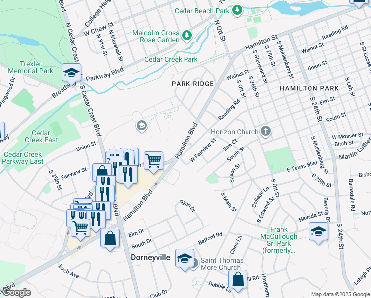 map of restaurants, bars, coffee shops, grocery stores, and more near 2900 Hamilton Boulevard in Allentown