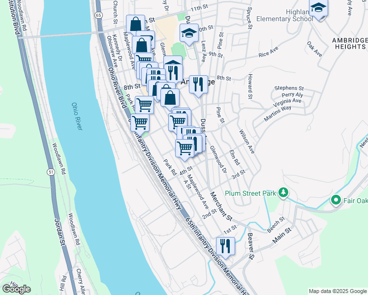 map of restaurants, bars, coffee shops, grocery stores, and more near 506 Merchant Street in Ambridge