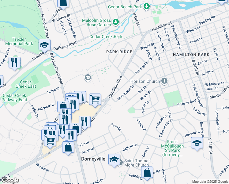 map of restaurants, bars, coffee shops, grocery stores, and more near 2900 Hamilton Boulevard in Allentown