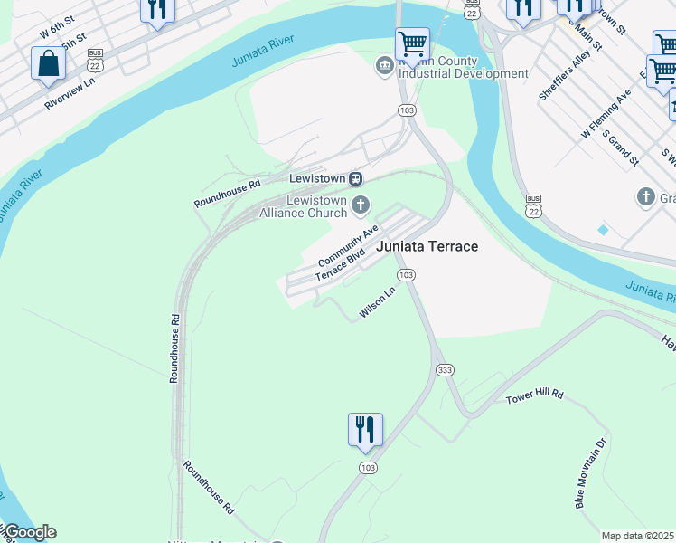map of restaurants, bars, coffee shops, grocery stores, and more near 229 Terrace Boulevard in Lewistown
