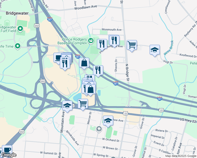 map of restaurants, bars, coffee shops, grocery stores, and more near 700 Commons Way in Bridgewater