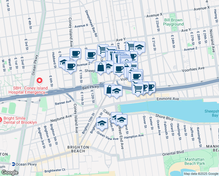 map of restaurants, bars, coffee shops, grocery stores, and more near 3242 Shore Parkway in Brooklyn