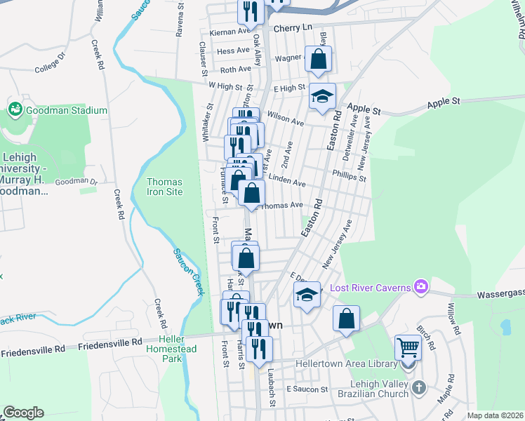 map of restaurants, bars, coffee shops, grocery stores, and more near 1120 1st Avenue in Hellertown