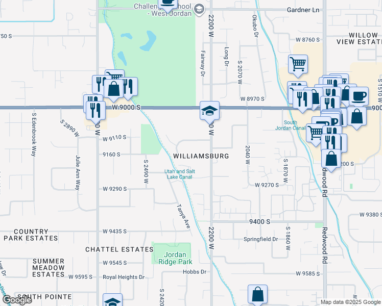 map of restaurants, bars, coffee shops, grocery stores, and more near 2286 Williamsburg Circle in West Jordan