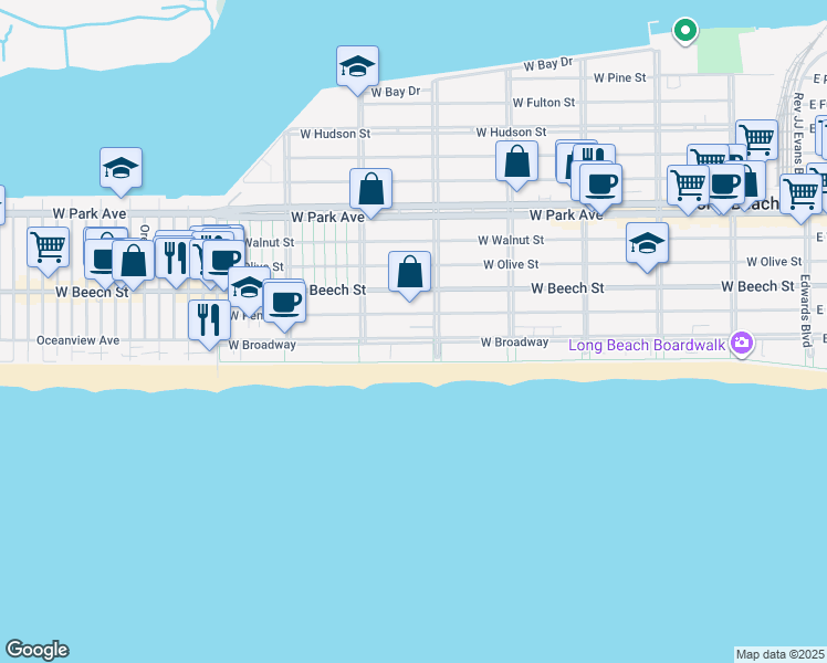 map of restaurants, bars, coffee shops, grocery stores, and more near 547 West Penn Street in Long Beach