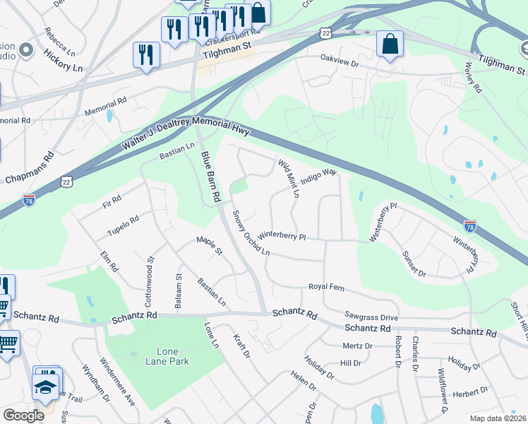 map of restaurants, bars, coffee shops, grocery stores, and more near 361 Indigo Way in Allentown
