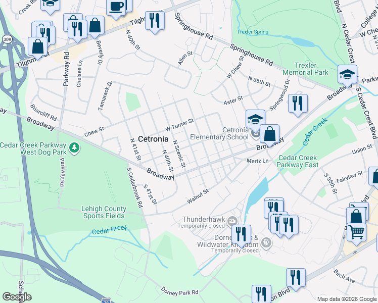 map of restaurants, bars, coffee shops, grocery stores, and more near 3833 Linden Street in Allentown