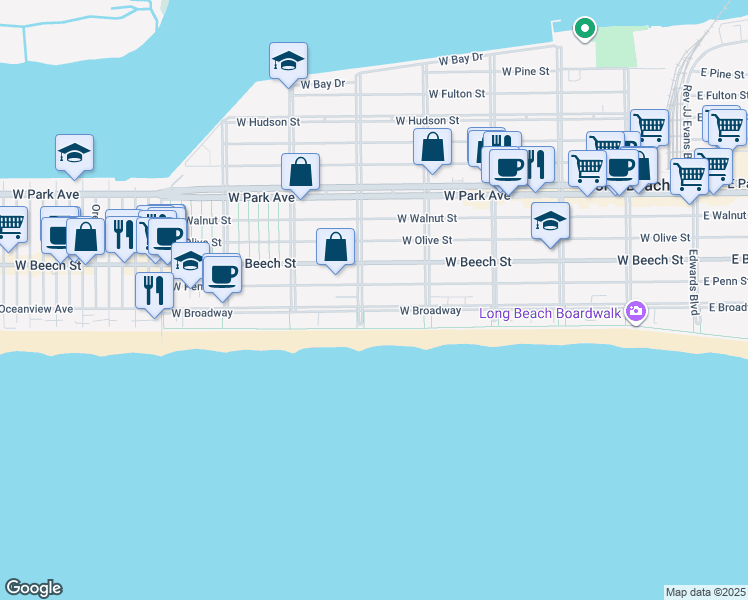 map of restaurants, bars, coffee shops, grocery stores, and more near 157 Washington Boulevard in Long Beach