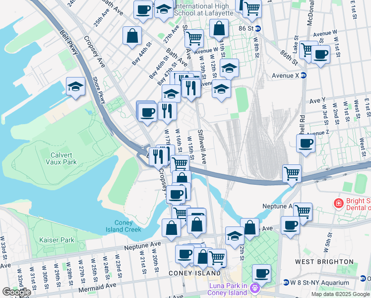 map of restaurants, bars, coffee shops, grocery stores, and more near 2554 West 15th Street in Brooklyn
