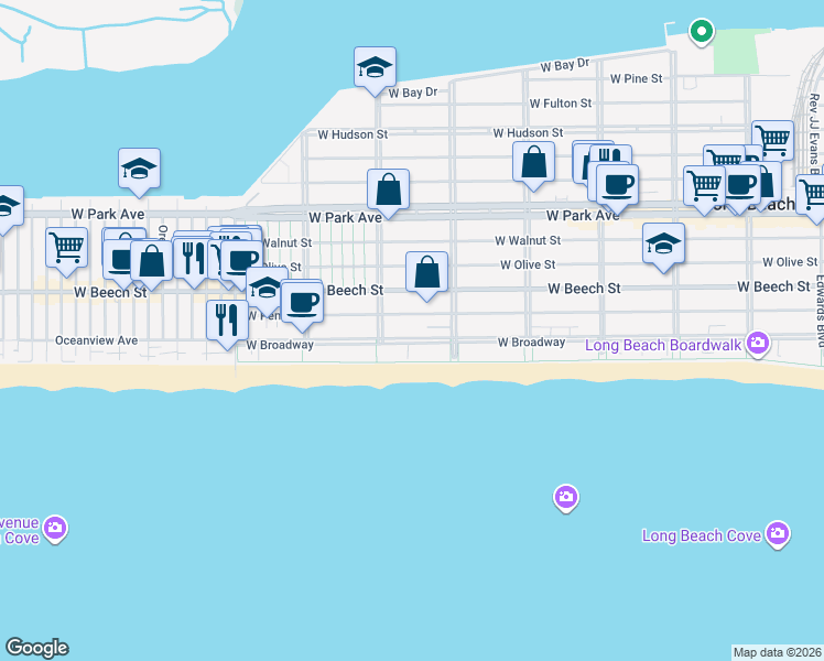 map of restaurants, bars, coffee shops, grocery stores, and more near 547 West Penn Street in Long Beach