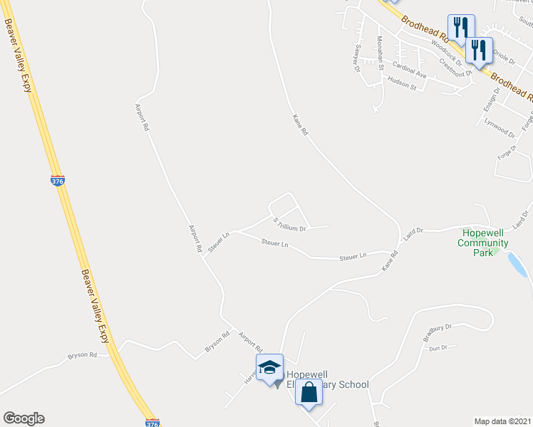 map of restaurants, bars, coffee shops, grocery stores, and more near 3032 North Trillium Drive in Aliquippa