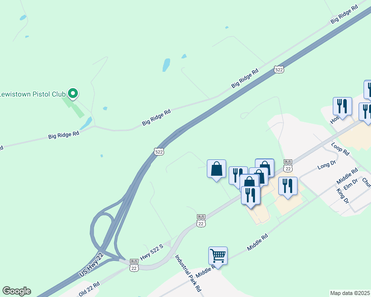 map of restaurants, bars, coffee shops, grocery stores, and more near 193 Cliffside Drive in Lewistown