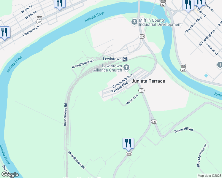 map of restaurants, bars, coffee shops, grocery stores, and more near 318 Terrace Boulevard in Lewistown