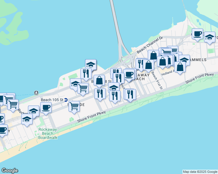 map of restaurants, bars, coffee shops, grocery stores, and more near 3-20 Beach 100th Street in Queens