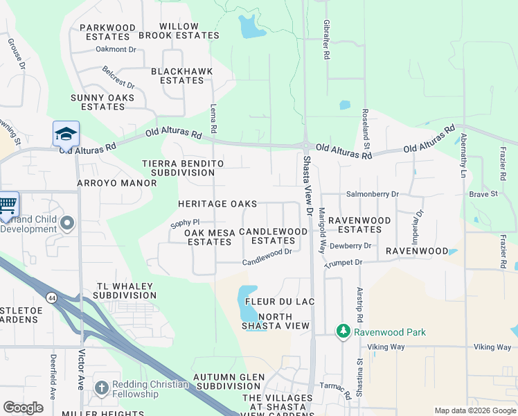 map of restaurants, bars, coffee shops, grocery stores, and more near 1713 Sterling Drive in Redding