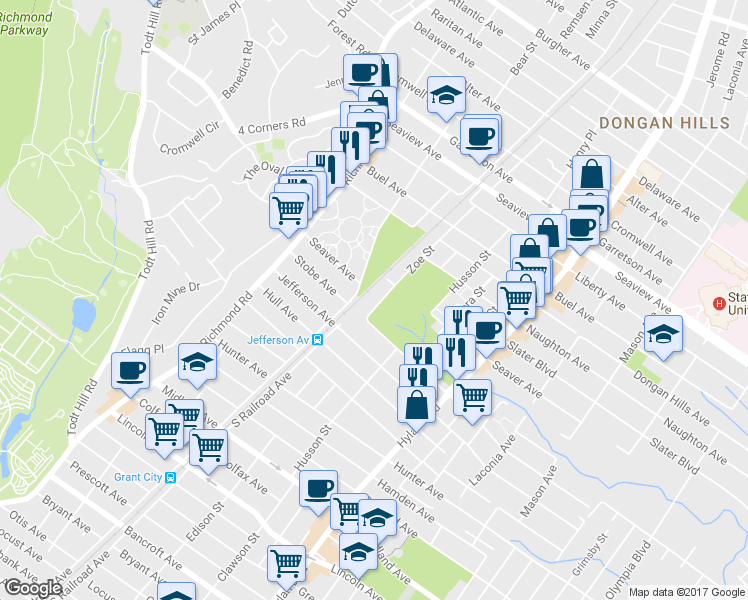map of restaurants, bars, coffee shops, grocery stores, and more near 273 Jefferson Street in Staten Island
