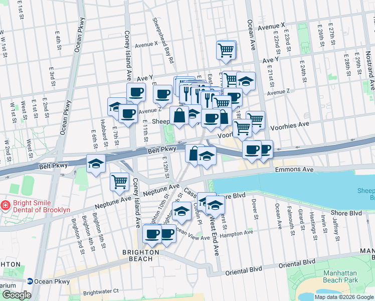 map of restaurants, bars, coffee shops, grocery stores, and more near 3234 Shore Parkway in Brooklyn