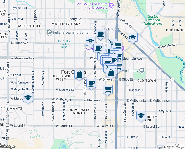 map of restaurants, bars, coffee shops, grocery stores, and more near 300 West Oak Street in Fort Collins