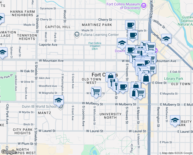map of restaurants, bars, coffee shops, grocery stores, and more near 525 West Oak Street in Fort Collins