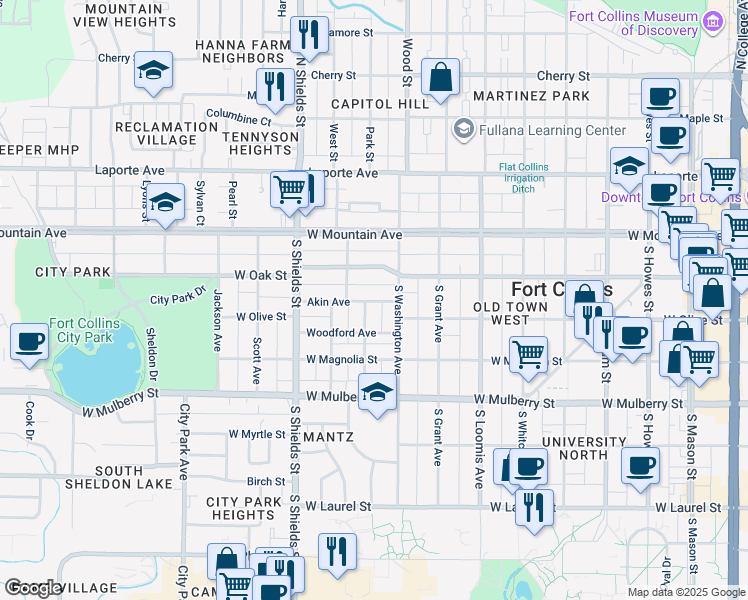 map of restaurants, bars, coffee shops, grocery stores, and more near 931 West Oak Street in Fort Collins