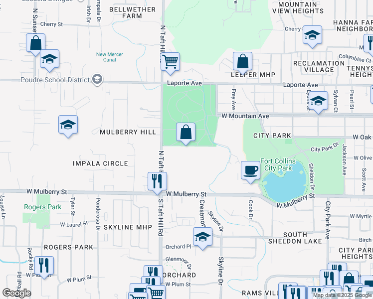 map of restaurants, bars, coffee shops, grocery stores, and more near 192 South Taft Hill Road in Fort Collins