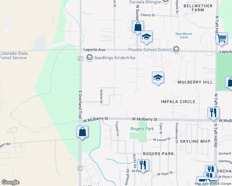 map of restaurants, bars, coffee shops, grocery stores, and more near 2818 West Olive Street in Fort Collins