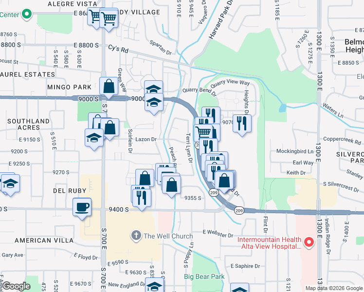 map of restaurants, bars, coffee shops, grocery stores, and more near 905 East 9140 South in Sandy