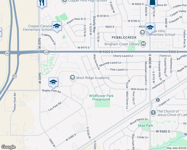 map of restaurants, bars, coffee shops, grocery stores, and more near 5223 Morning Laurel Lane in West Jordan