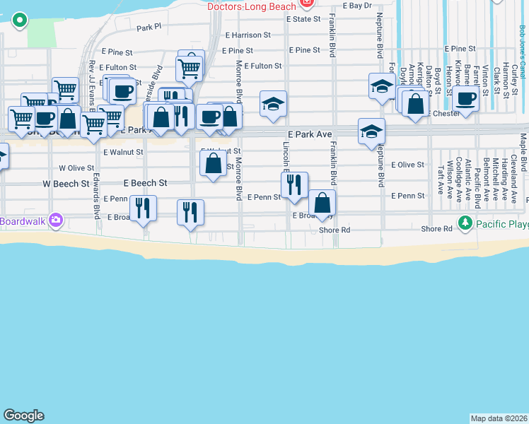 map of restaurants, bars, coffee shops, grocery stores, and more near 322 East Penn Street in Long Beach