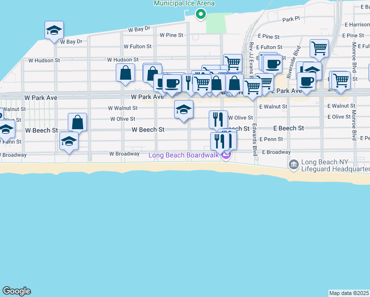 map of restaurants, bars, coffee shops, grocery stores, and more near 173 West Penn Street in Long Beach
