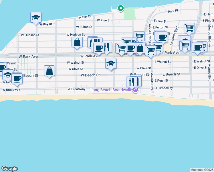 map of restaurants, bars, coffee shops, grocery stores, and more near 239 West Penn Street in Long Beach