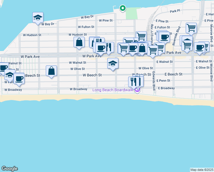 map of restaurants, bars, coffee shops, grocery stores, and more near 239 West Penn Street in Long Beach