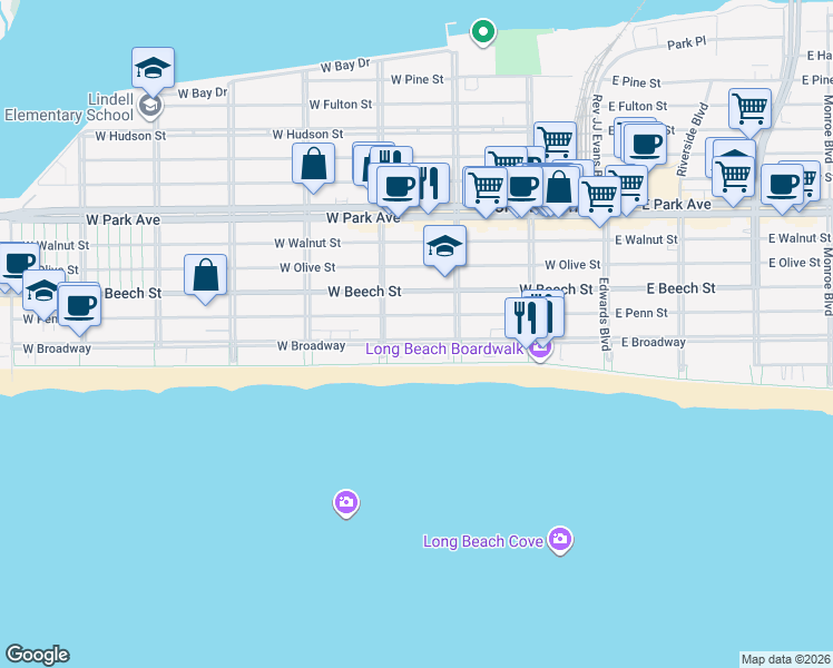 map of restaurants, bars, coffee shops, grocery stores, and more near 239 West Penn Street in Long Beach