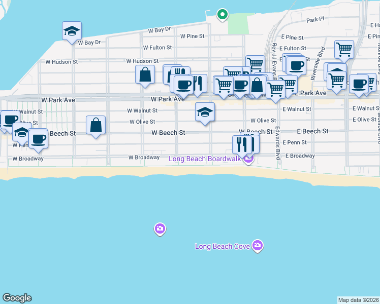 map of restaurants, bars, coffee shops, grocery stores, and more near 239 West Penn Street in Long Beach